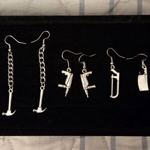 Bundle of 3 Pairs of Tool Earrings, Silver Toned